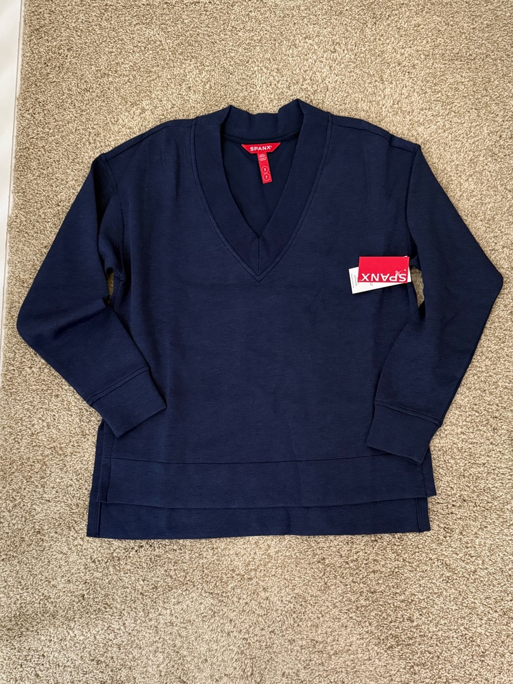 NWT Spanx Air Essentials Brushed V Neck Tunic Sweatshirt Navy Size S